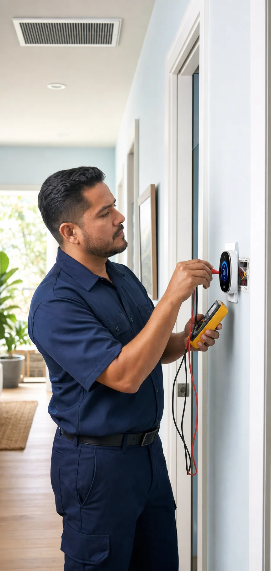 Climate World technician testing a smart thermostat in a Florida home