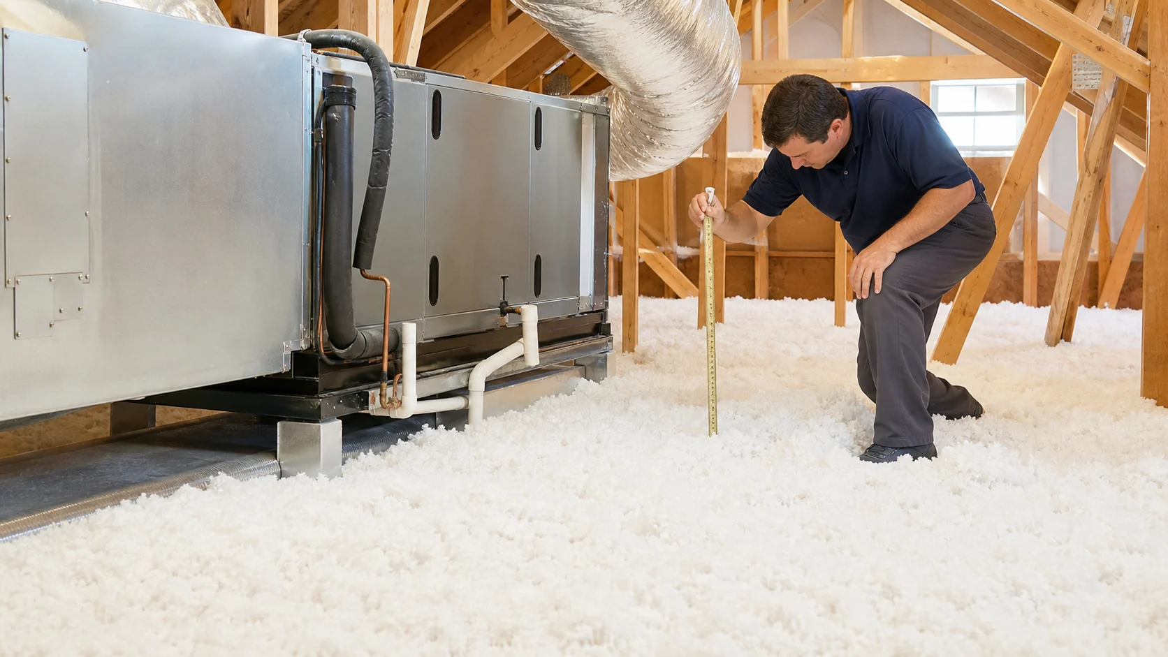 Fresh attic insulation installed around a residential HVAC system