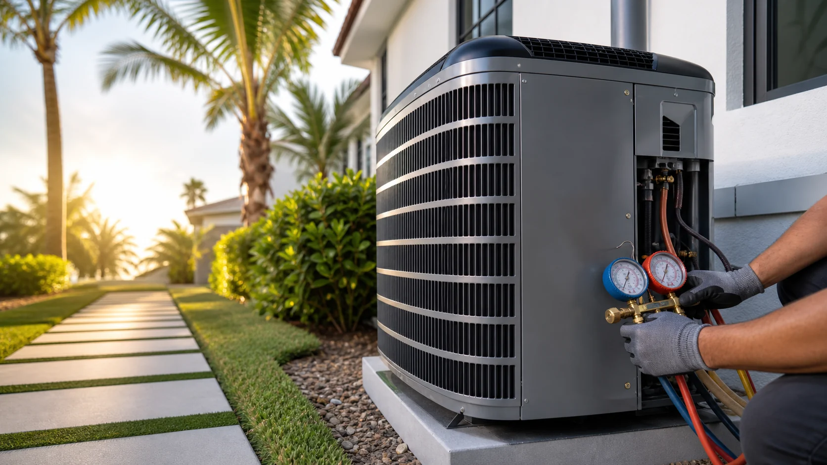Residential outdoor air conditioning condenser being professionally serviced