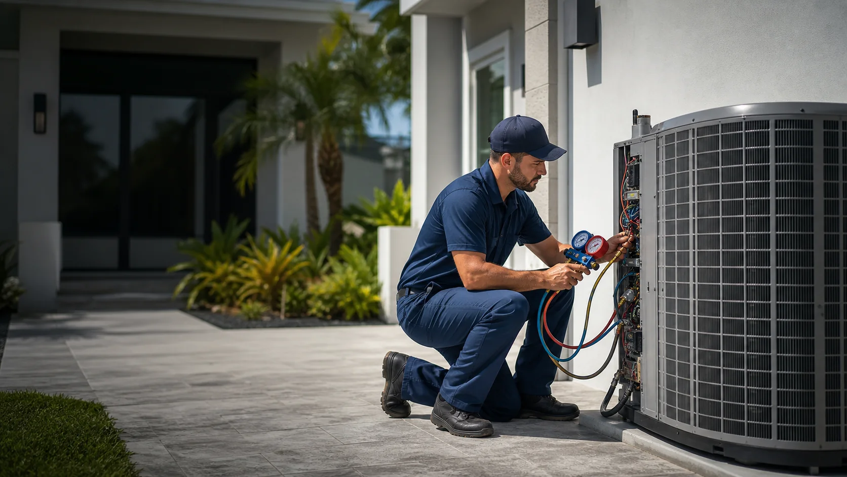 HVAC technician servicing a residential air conditioning condenser at a Florida home