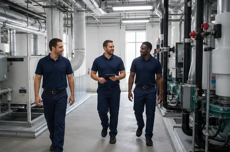 Climate World technicians walking through a commercial mechanical room