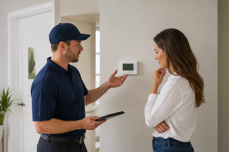 HVAC technician explaining thermostat settings to a homeowner